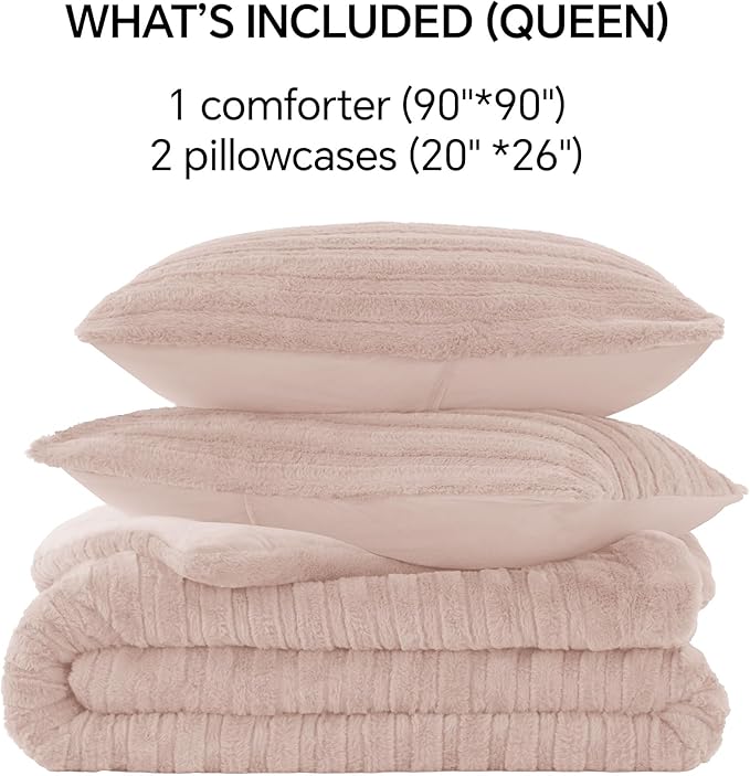 BEDELITE Fleece Queen Comforter Set -Super Soft & Warm Fluffy Pink Faux Fur Bedding, Luxury Fuzzy Heavy Bed Set for Winter with 2 Pillow Cases
