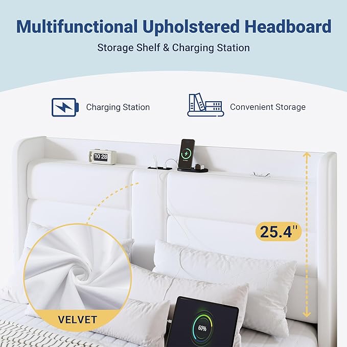 Allewie Queen Size Platform Bed Frame with Charging Station & Storage Headboard, Upholstered Velvet Wingback Design & USB Port, Strong Wooden Slats Support, No Box Spring Needed, Easy Assembly, White