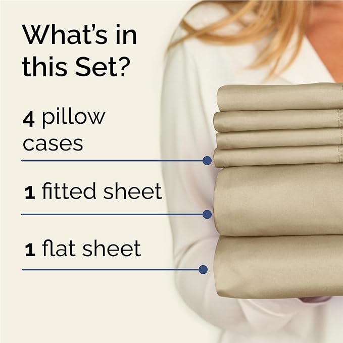 Full 6 Piece Sheet Set - Comfy, Breathable & Cooling - Soft Hotel Luxury Bedding for Women, Men, Kids, Teens & Children - 1 Flat & 1 Fitted Sheet & 4 Pillowcases w/ Deep Pockets - Wrinkle Free - Beige
