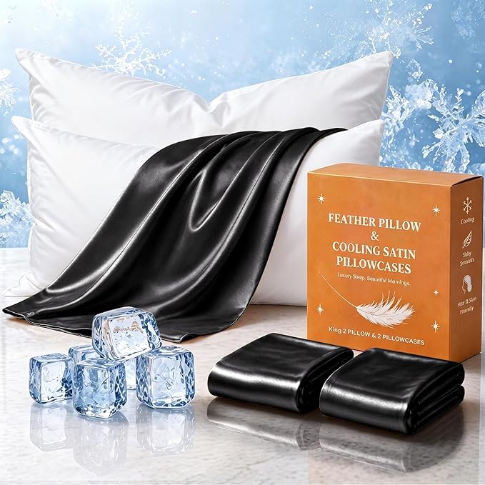 BHZ Black Satin Goose Down Feather Pillows King Size Set of 2 with Black Satin Pillowcase for Hair and Skin, Cooling Pillow Cases Similar to Silk Pillow Cases, Decor for Women, Mom
