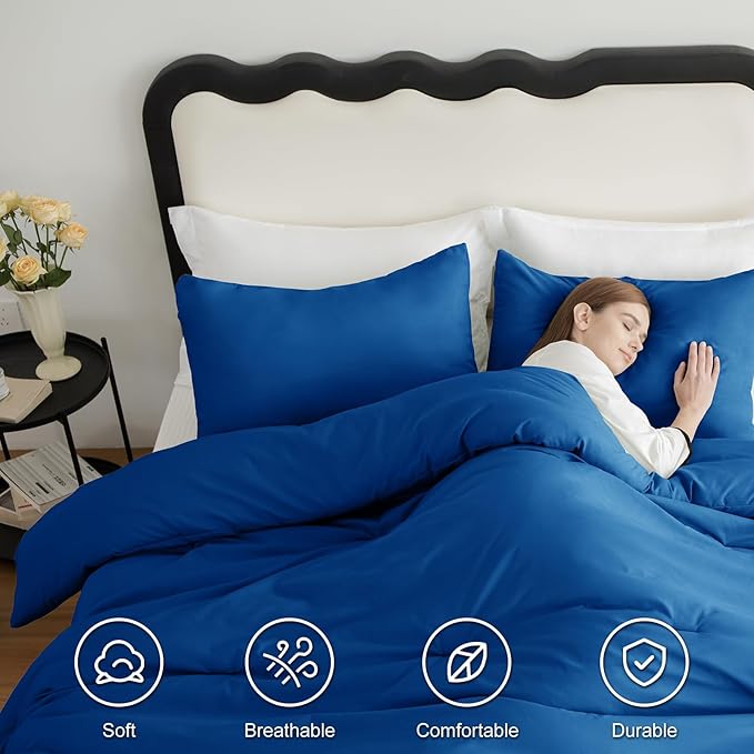 CozyLux Queen Comforter Set Classic Blue, 3 Pieces Solid Comforters Queen Size Breathable Bedding Sets, Luxury Soft Lightweight Bed Set with Down Alternative Comforter and 2 Pillowcases All Seasons
