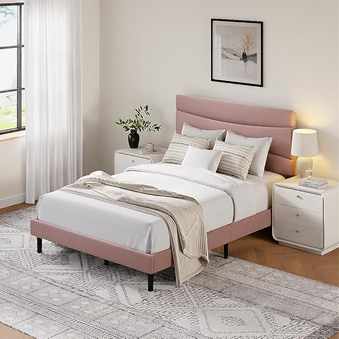 GarveeHome Full Modern Upholstered Bed Frame with Soft Padded Headboard,Sturdy Metal Steel Slat Support, Noise-Free Quiet Design,Easy Assembly,Heavy Duty Stable Bed Frame(Pink)