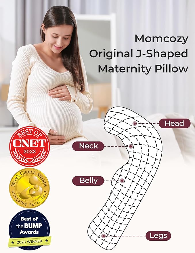 Momcozy J-Shaped Pregnancy Pillow for Sleeping with Cooling Cover, Side Sleeper Support for Belly, Hip & Leg, Deep Grey