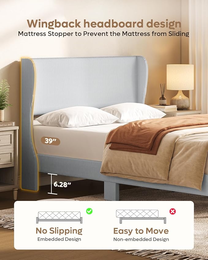 Bestier Full Bed Frame with Wingback Headboard,Upholstered Platform Full Size Bed with Strong Wooden Slats,No Box Spring Needed,Never Squeaks,Easy Assembly,Light Grey