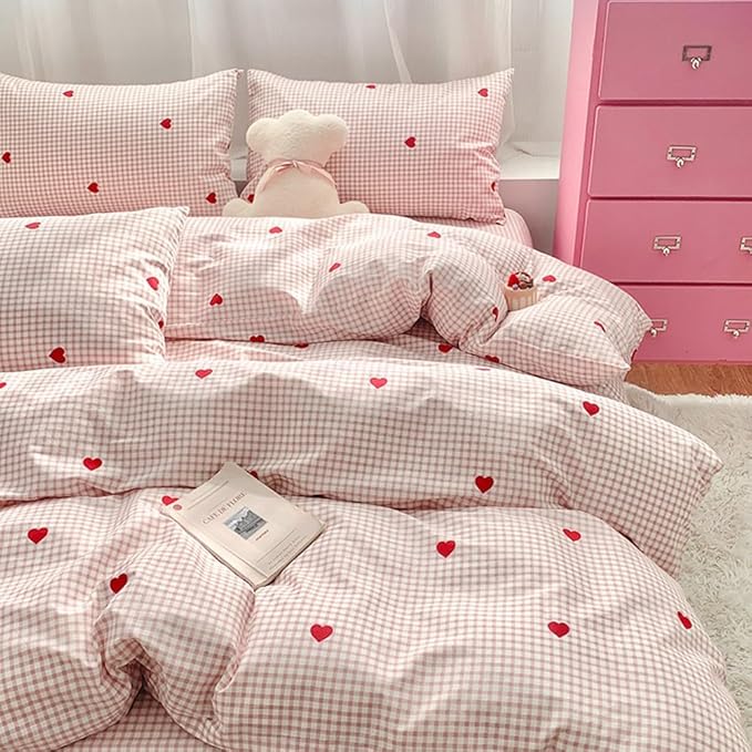 Nayoroom Gingham Duvet Cover Full Size Pink Plaid Red Heart Printed on White Bedding Set 3 Pcs Kids Girls Cute Heart-Shaped Comforter Cover with Zipper Closure Soft Breathable Microfiber