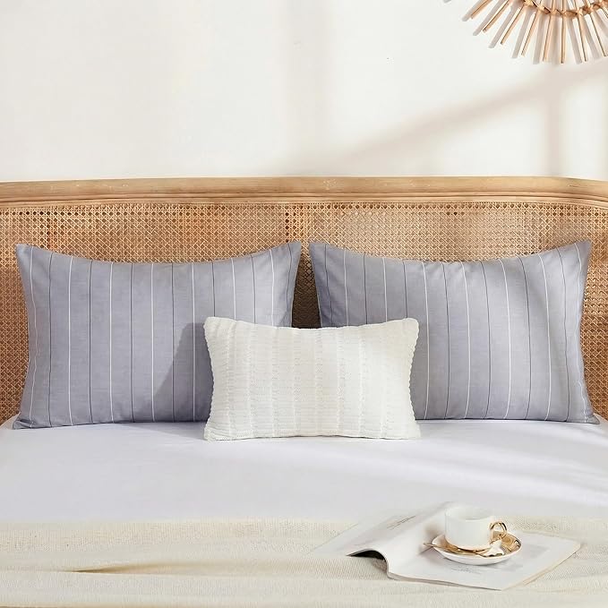 Merryword Gray Striped Pillowcases, 100% Cotton Pillow Cases, Queen Size Pillowcases, Luxury Linen Like Pillowcase, Soft Breathable Pinstripe Pillow Covers, Set of 2
