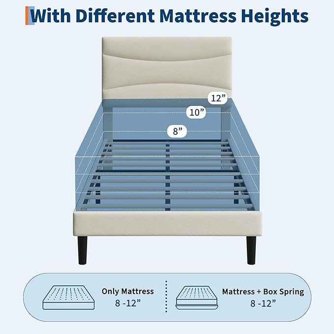 IDEALHOUSE Twin Size Upholstered Platform Bed Frame with Ergonomic Headboard, Beige Soft Fabric, Heavy Duty Wooden Slats, Noise-Free, 6.3" Underbed Storage, No Box Spring Needed, Easy Assembly