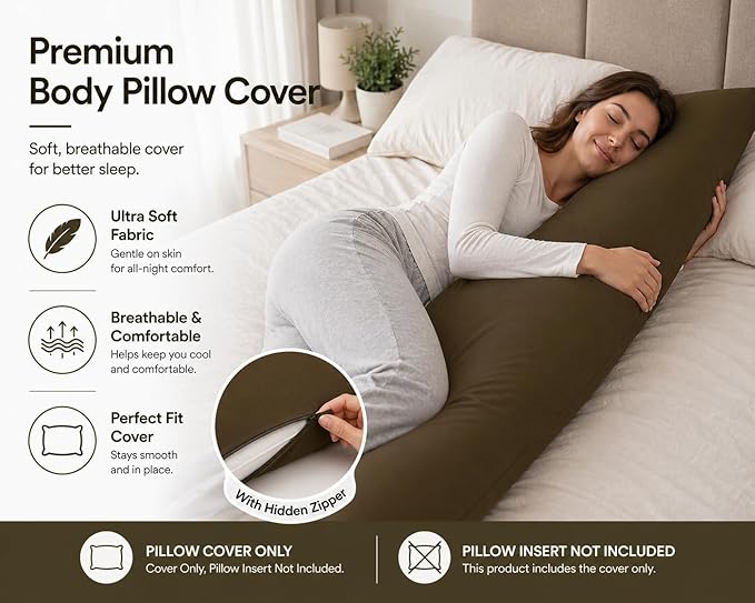 EVOLIVE Ultra Soft Body Pillow Cover 21"x54", Cozy Microfiber Pillowcase with Hidden Zipper, Breathable, Perfect for Pregnancy & Side Sleepers, Cover Only (21"x54" Body Pillow Cover, Coffee)