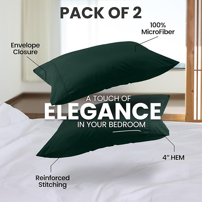 Utopia Bedding Standard Pillow Cases - 2 Pack - Envelope Closure - Soft Brushed Microfiber Fabric - Shrinkage and Fade Resistant Pillow Covers Standard Size 20 X 26 Inches (Standard, Emerald)