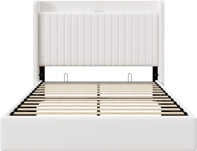 Allewie Full Size Lift Up Storage Bed Frame,Storage Shelf Headboard with Charging Station,Type-C and USB Ports,Hydraulic Support,Velvet Upholstered Bed Frame,No Box Spring Needed,White