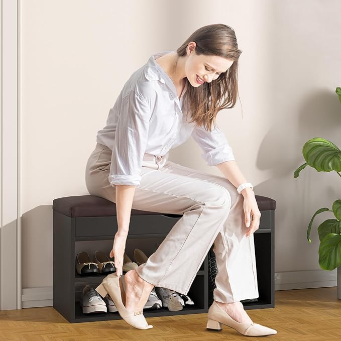 Apicizon Entryway Bench with Shoe Storage, Black, 2-Tier Shoe Rack, Padded Cushion, Wooden Frame
