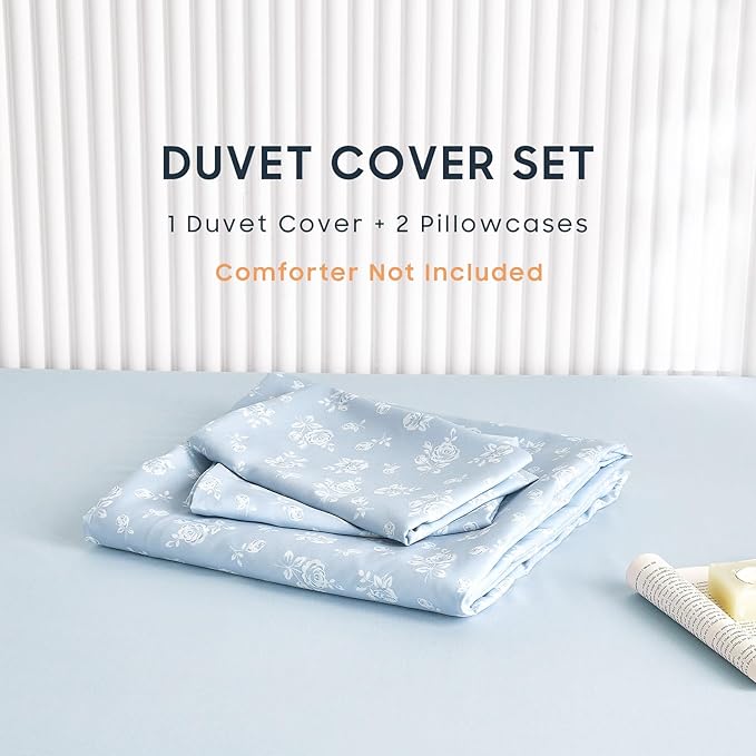 Wake In Cloud - Coquette Duvet Cover Set, Floral Cottagecore Flower Shabby Chic Cute Aesthetic, Soft Lightweight Bedding for Women Teen Girls, 3-Piece, Light Blue, Queen Size