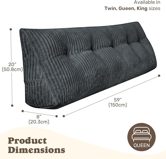 Deodar Headboard Pillow Queen, Wedge Pillows Headboard Triangle Reading Back Pillow with Removable Cover for Dorm Gaming Sleeping TV, Grey