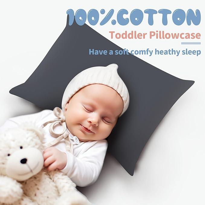 100% Egyptian Cotton Toddler Pillowcases Set of 2, 400 Thread Count Sateen Weave Small Pillow Protectors, Super Soft Breathable Zippered Pillow Covers 13x18 Inches (Dark Grey, Toddler)