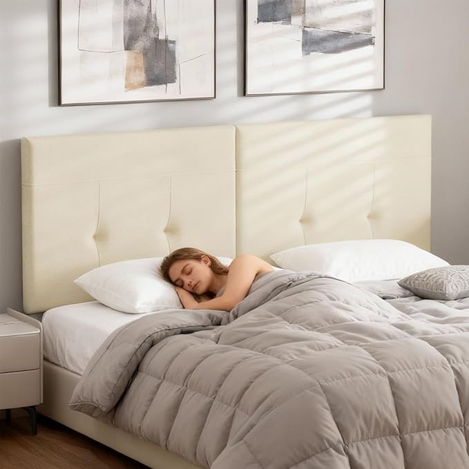 Queen Headboard Only with Adjustable Metal Legs, Faux Leather Upholstered Headboard Queen Size, Modern Stylish Headboard with Sunken Dot Design, Sturdy Bed Headboard for Bedroom, Beige