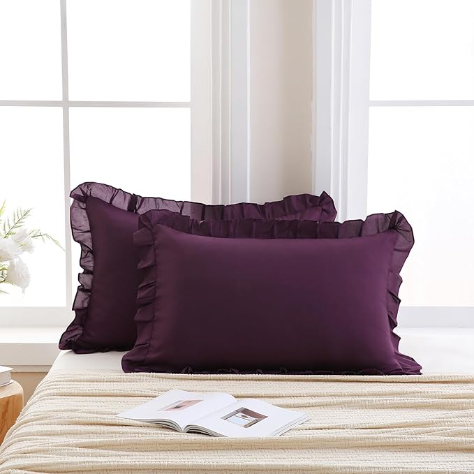 Merryword Dark Purple Pillow Shams Purple Ruffle Standard Pillowcases Cute Pillow Cover Set of 2 Shabby Chic Soft Microfiber Pillowcases 2 Pack