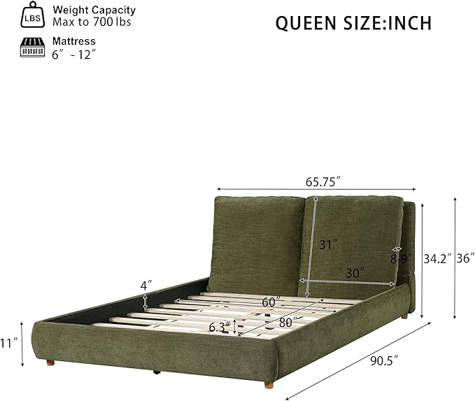 Merax Queen Size Boucle Fabric Upholstered Platform Bed with Two Removable Pillow Headboard, Wood Bed Frame with Solid Round Legs for Kids Teens Adults, Olive Green