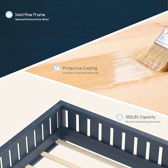 Bellemave Queen Floor Bed Frame with Fence & Bookshelf, Solid Pinewood Montessori Floor Bed Frame Queen with Slats Load 550LBS, Low Floor Bed for Kids, Bedroom, Nursery, Easy Assembly, Blue