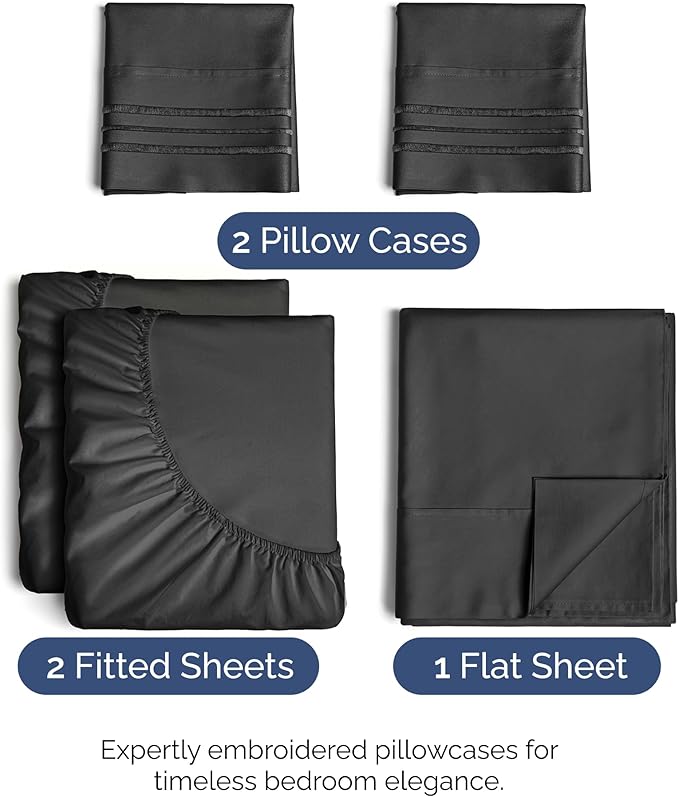 Split King Size 5 Piece Sheet Set - Comfy Breathable & Cooling Sheets - Hotel Luxury Bed Sheets for Women & Men - Deep Pockets, Easy-Fit, Soft and Wrinkle Free Sheets - Black Oeko-Tex Bed Sheet Set