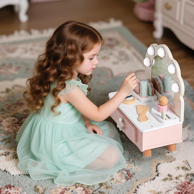 ROBOTIME Toddler Vanity Makeup Table Toy with Mirror & Light, Wooden Kids Makeup Vanity Set, Dressing Table with Accessories and Lights, Pretend Makeup Set for Little Girls