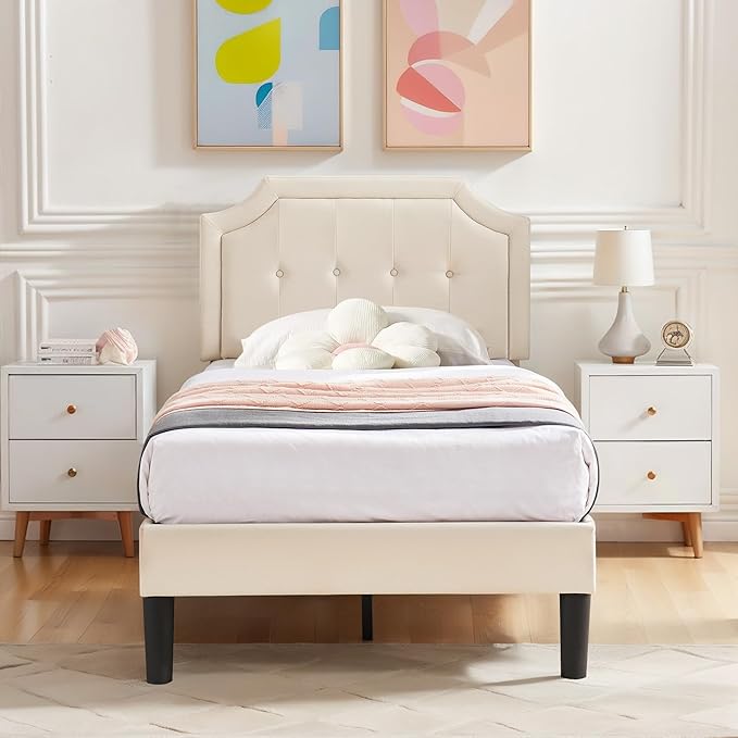 VECELO Twin Upholstered Platform Bed Frame with Adjustable Button Stitched Panel Headboard,Strong Wood Slat Support,Velcro Design,Mattress Foundation/Easy Assembly,Light Beige