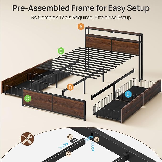 Rolanstar Full Size Bed Frame with 4 Storage Drawers, Charging Station and LED Lights, Metal Platform Bed with 2-Tier Storage Headboard, No Box Spring Needed, Easy Assembly, Noise-Free, Walnut