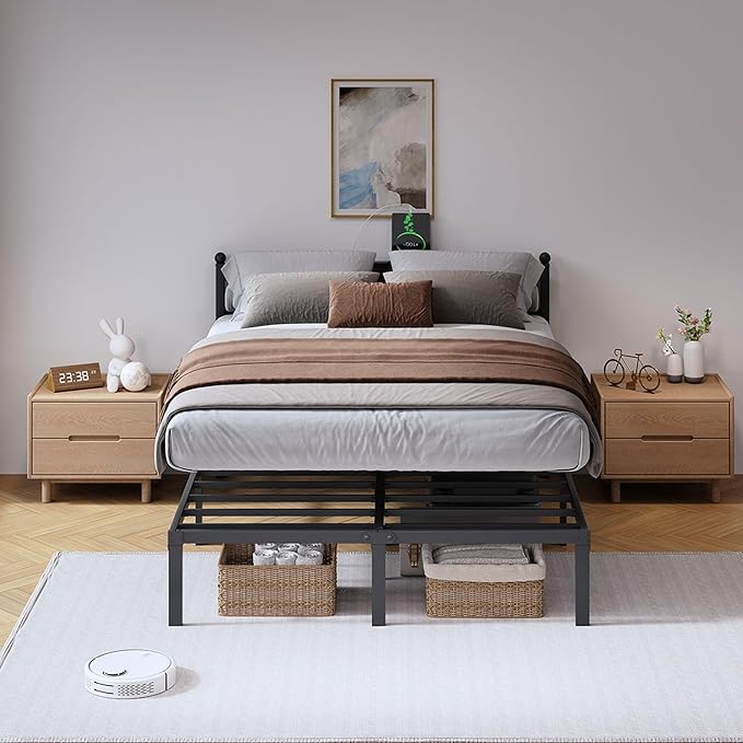 SHOANED Bed Frame with Charging Station - 14 Inch Queen Size Heavy Duty Metal Bedframe with Headboard Black Basic Steel Slats Platform No Box Spring Needed