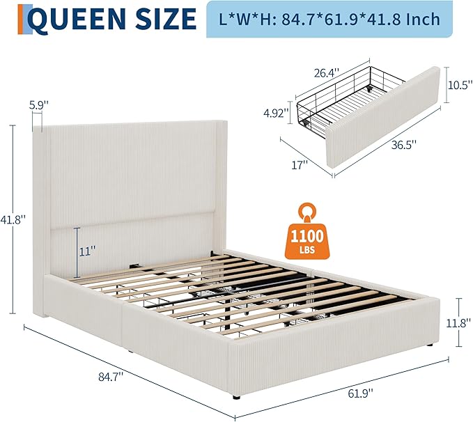 Garvee Bed Frame Queen Size with 4 Storage Drawer, Bed Frame with Headboard and Corduroy Vertical Channel Tufted Wingback, Sturdy Wooden Slats Support, Noise Free, Beige