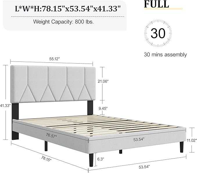 Full Bed Frame, Padded Platform Bed Frame with Fabric Headboard, Vertical Quilted Design, Sturdy Slatted Mattress Base, No Spring Mattress Required, Easy to Assemble, Light Gray