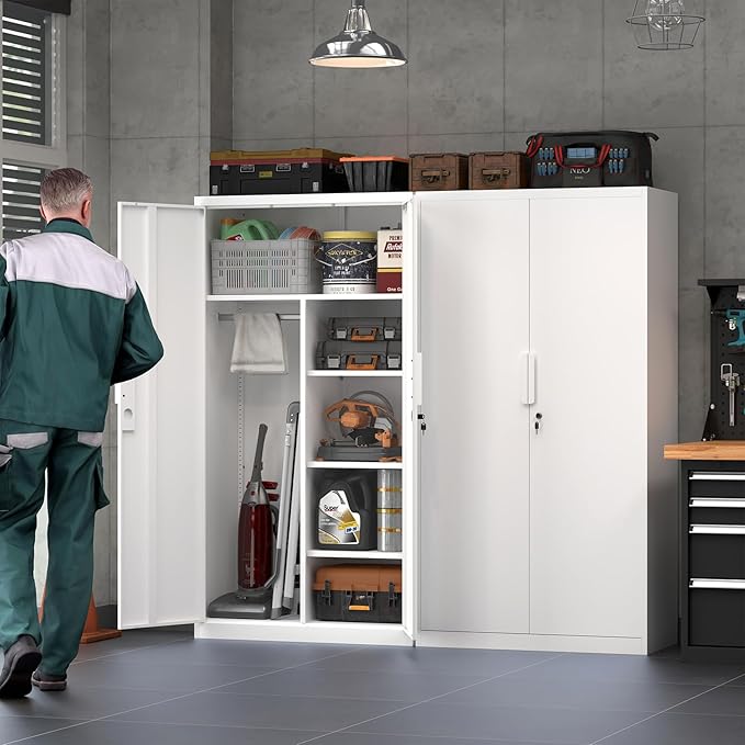 IRONFFICE Metal Wardrobe Closet,Lockable Clothing Storage Cabinet with Adjustable Shelves,Armoire Wardrobe Closet,Steel Wardrobe Armoire for Bedroom,Home,White