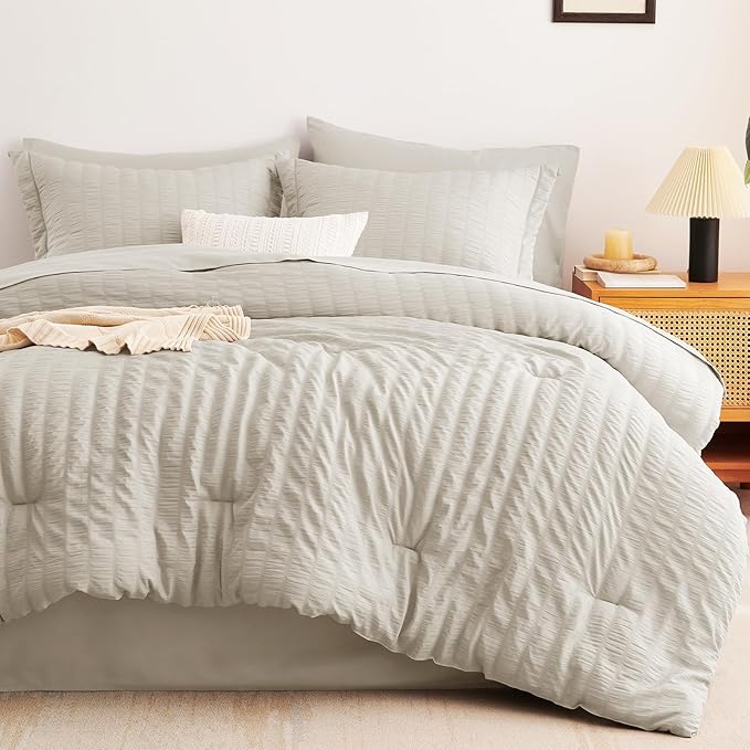 CozyLux Twin Comforter Set with Sheets 5 Pieces, Beige Seersucker Textured Bed in a Bag for Bedroom, Luxury Soft Bedding Sets with Down Alternative Comforter, Sheets, Pillowcase & Sham for All Seasons