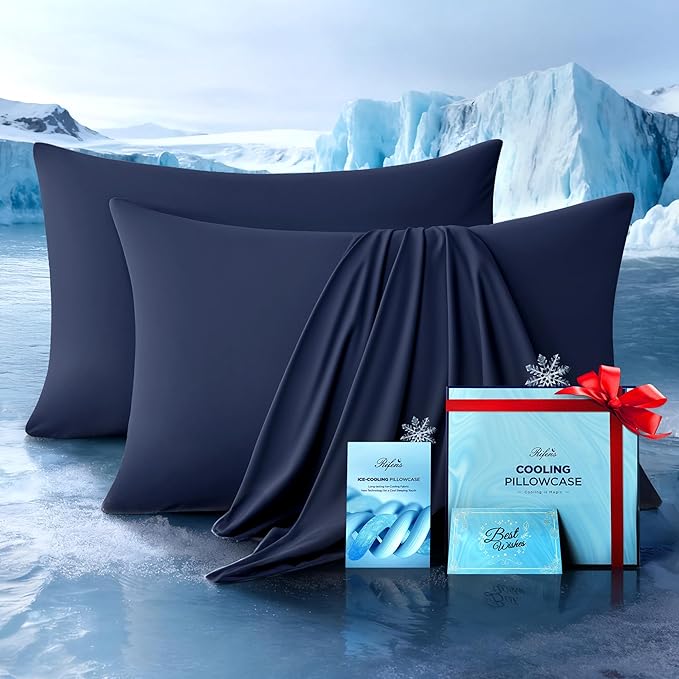 Ultra-Chill Cooling Pillowcase Set of 2 for Hot Sleepers, Softer Than Silk Pillow Cases for Protecting Hair & Skin, Breathable Bed Pillow Covers w/Zipper, Gifts for Women Men (Navy Blue, King)