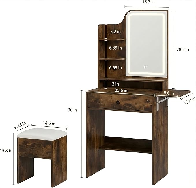 Haewon Small Vanity Desk with Mirror and Lights, Makeup Vanity with Charging Station, Compact Dressing Table Set with Storage Chair, Drawer and Shelves for Bedroom, Vintage Brown