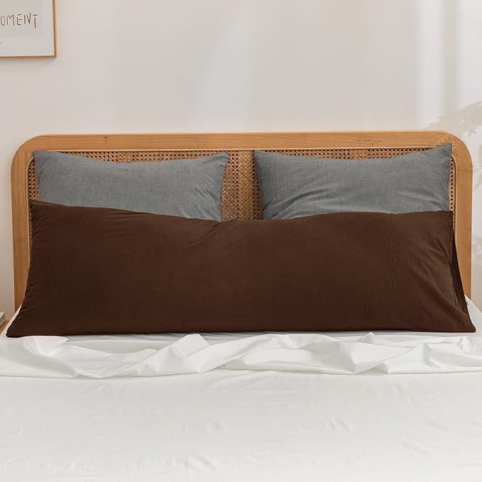 BESTOUCH 100% Washed Cotton Pillowcase for Hair and Skin Linen Feel Soft Comfortable Breathable 1 Pcs Pillow Case with Envelope Closure Solid Cocoa Brown Body 20x54 Inches