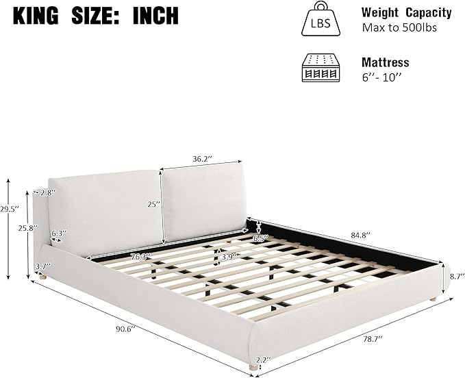 Merax King Size Boucle Fabric Upholstered Platform Bed with Two Removable Pillow Headboard, Wood Bed Frame with Solid Round Legs for Kids Teens Adults, White