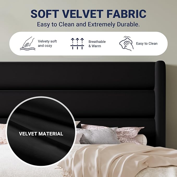 Allewie King Size Platform Bed Frame with Velvet Upholstered Wingback Headboard, No Box Spring Needed, Under Bed Storage Space, Strong Wooden Slats, Modern Mattress Foundation, Easy Assembly, Black