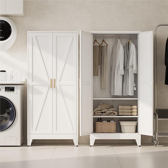 Baborokic Metal Armoire Wardrobe Closet with Hanging Rod,71H Metal Cabinet with Doors and Shelves,Freestanding Farmhouse Bedroom Armoire Closet,Storage Cabinets for Bedroom,Office,Laundry Room(White)