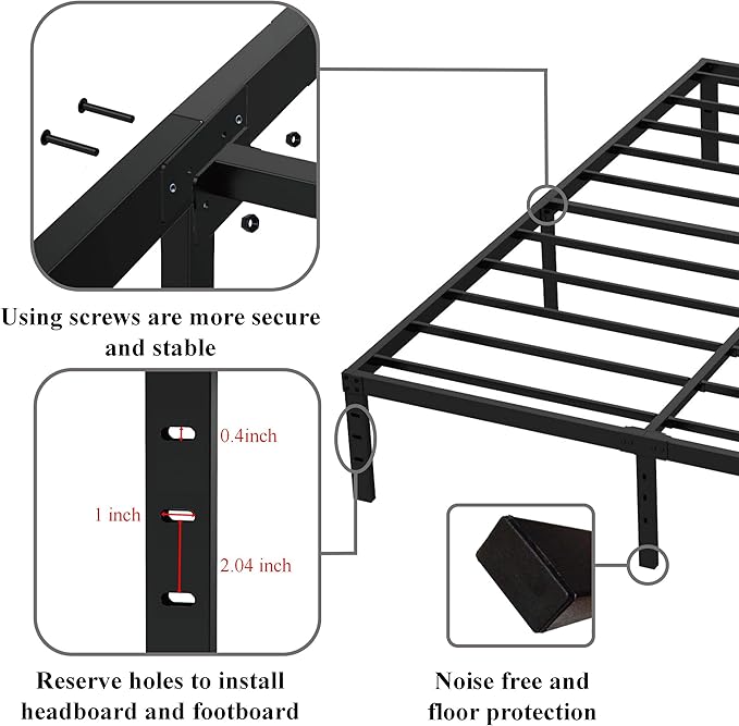 Upcanso Queen Bed Frame No Box Spring Needed, 14 Inch Heavy Duty Metal Platform Bed Frame Queen Size, 1200lbs Steel Slats Support, Easy Assembly, Black