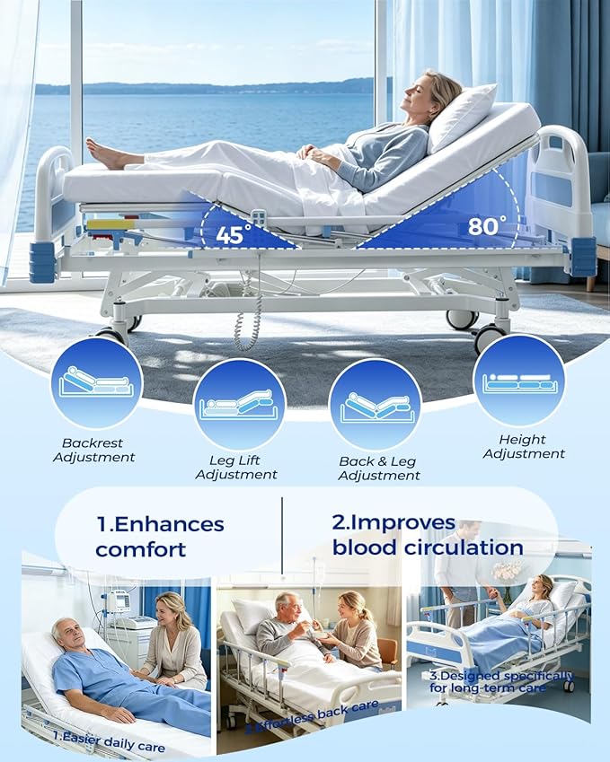 4 Function 600LBS Full Electric Hospital Bed, Beds for Home Use, Special Needs Medical Bed for Seniors with Mattress, Adjustable Hospital, Frame IV Pole, Medical Equipment Beds
