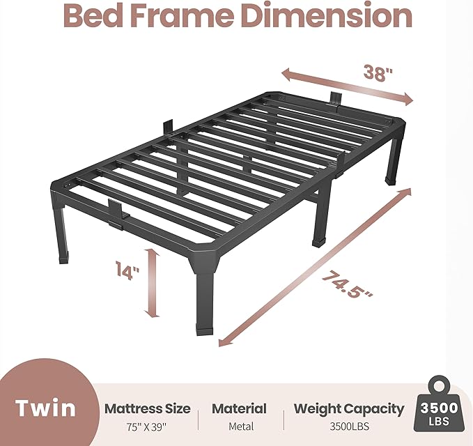 ROIL 14 Inch Twin Size Bed Frame with Mattress Slide Stopper - Single Black Basic Anti Squeak Steel Slats Metal Platform, Heavy Duty Noise Free Easy Assembly Bedframes, No Box Spring Needed