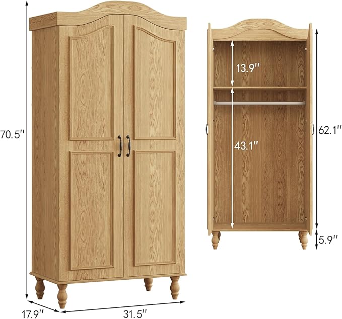Arched Armoire Wardrobe Closet with 2 Doors, 71" H Wooden Wardrobe Cabinet with Hanging Rod and Shelves, Freestanding Armoire Storage Cabinet for Bedroom, Cloak Room, Natural