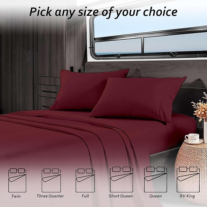 Queen RV Camper Sheet Set (60x80) – 100% Egyptian Cotton, Soft & Cooling, 16” Deep Pocket Fitted Sheet, Luxury Hotel Quality Bedding for RVs, Campers & Motorhomes (Burgundy Solid)