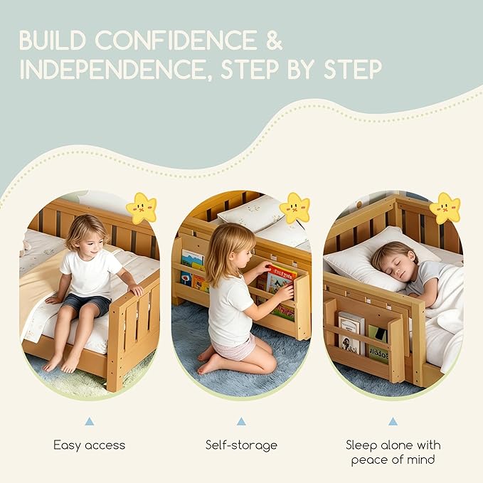 Bellemave Twin Floor Bed Frame with Fence & Bookshelf, Solid Pine Wood Twin Montessori Floor Bed with Slats Load 300LBS, Low Profile Floor Bed for Kids, Nursery, Bedroom, Easy Assembly, Natural