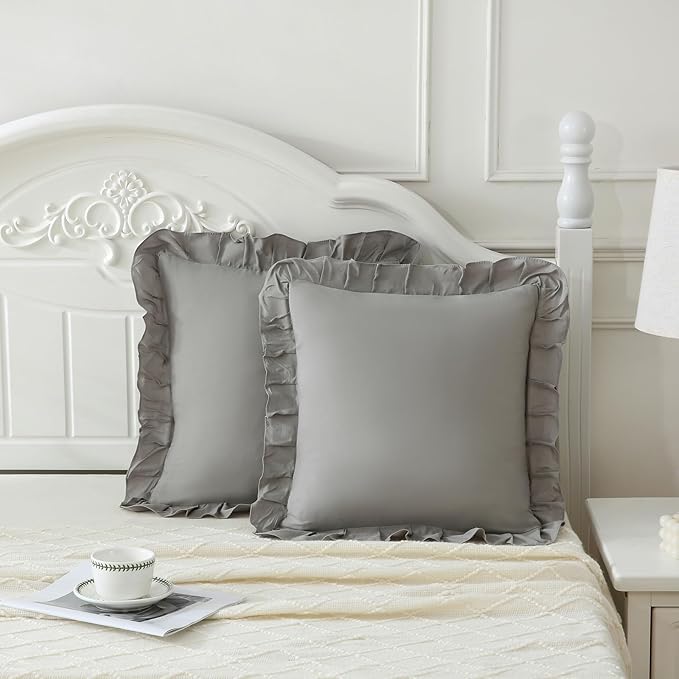Merryword Light Gray Pillowcases 18x18 Throw Pillow Covers Pack of 2 Soft Microfiber Ruffle Decorative Pillowcase Cushion for Couch Sofa Bedroom