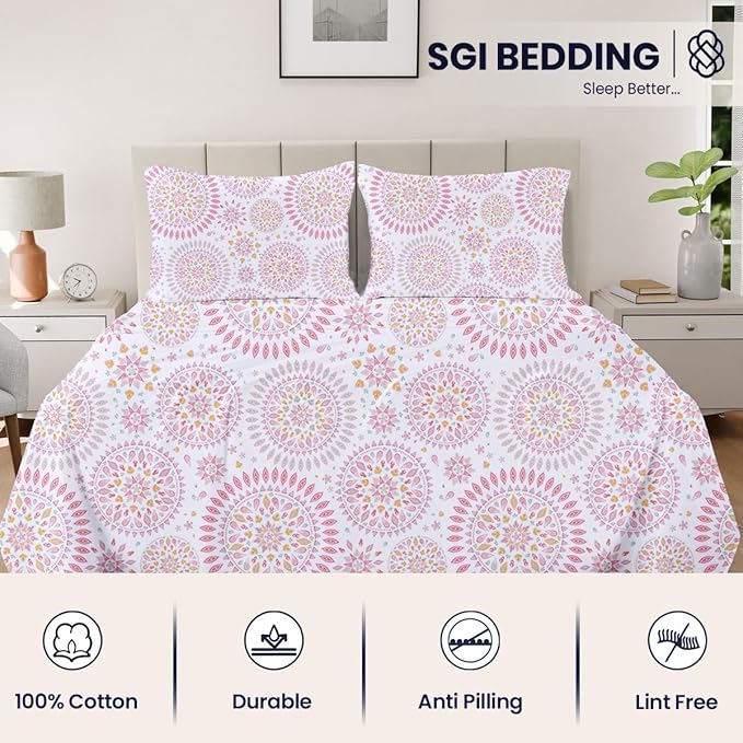 SGI bedding 100% Egyptian Cotton Sheets Queen Size – 600 Thread Count Sheets Set, Soft, Cooling, 15" Deep Pocket, Luxury Hotel Bedding, Breathable, Durable - Boho Mandala