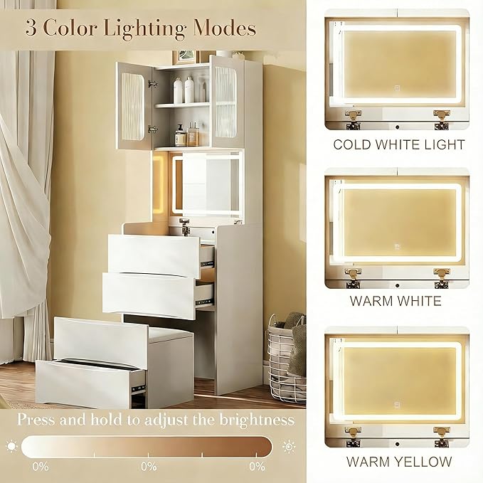 Casaphoria White 3-in-1 Vanity Desk with Mirror and Lights, 18.9 Inch Makeup Dressing Table with 3 Drawers & Storage Stool for Bedroom