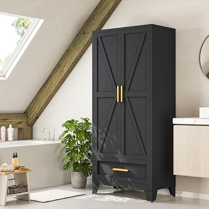 Baborokic Metal Wardrobe Cabinet,71 Armoire Wardrobe Closet with Drawers and Hanging Rod,Metal Armoire with Adjustable Shelves for Closet,Bedroom,Farmhouse Storage Cabinet with Drawer(Black)