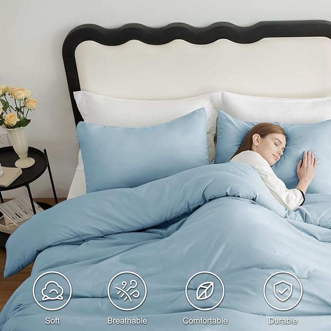 CozyLux King Size Comforter Set Light Blue, 3 Pieces Solid Comforters King Size Breathable Quilted Bedding Sets, Luxury Soft Lightweight Bed Set with Down Alternative Comforter and 2 Pillowcases
