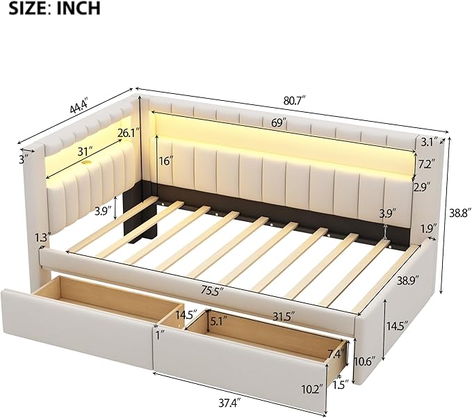 Merax Modern Upholstered Platform Bed Frame with USB Ports & Storage Drawers, Floor Sofa Day Bed, No Box Spring Needed/Easy Assemble/Twin,White