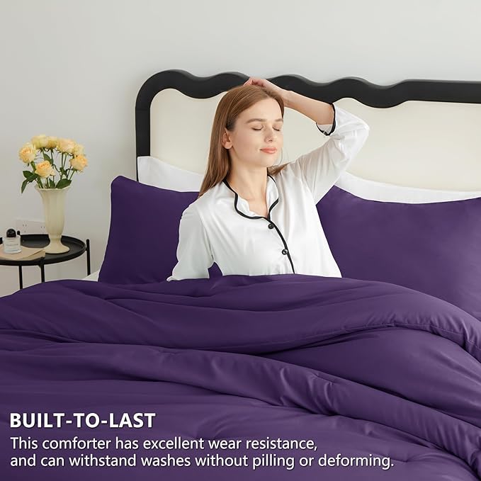 CozyLux Oversized King Comforter Set Purple, 3 Pieces 120x98 Solid Breathable Quilted Bedding Sets for All Seasons, Luxury Soft Lightweight Bed Set with Down Alternative Comforter and 2 Pillowcases